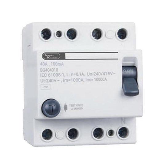 Lauritz Knudsen (Formerly L&T Switchgear Business) 63A 4 Pole RCCB 100mA 10kA – BG406310