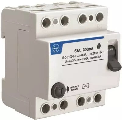 Lauritz Knudsen (Formerly L&T Switchgear Business) 100A FP RCCB – 30mA, 10kA, Four Pole – Cat No. BG410003