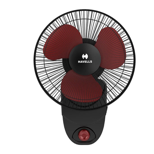 Havells Candy HS Wall Fan 230mm (9 Inch) High Speed 100% Copper Motor Black Red - Cat No. FHWCAHSBLR09