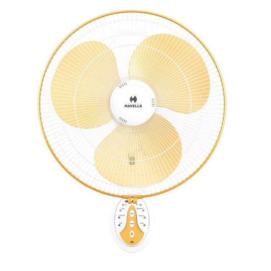 Havells Platina BLDC Wall Fan 400mm (16 Inch) Remote Control Timer White Yellow Energy Saving - Cat No. FHWPCPTWHY16