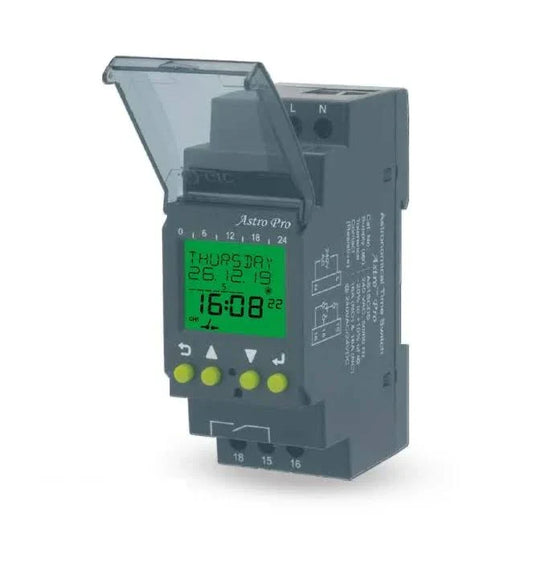 Lauritz Knudsen (Formerly L&T Switchgear Business) Astro Pro Time Switch 110–240V AC 1 Phase DIN Rail Mount – Cat No. AS2DCDS