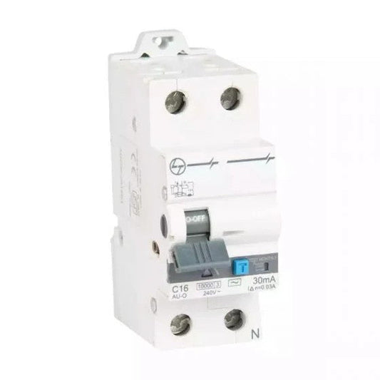 Lauritz Knudsen (Formerly L&T Switchgear Business) RCBO 16A DP 30mA 10kA Type-AC – 2 Module Residual Current Breaker with Overcurrent Protection – AUF3C201603