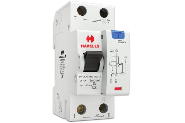 Havells RCBO A Type SPN 2M 100mA 10A DHCEACSN2100010 | Earth Leakage & Overcurrent Protection