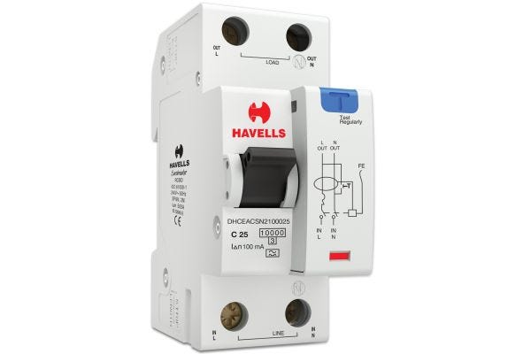 Havells RCBO A Type SPN 2M 100mA 25A DHCEACSN2100025 | Earth Leakage & Overcurrent Protection