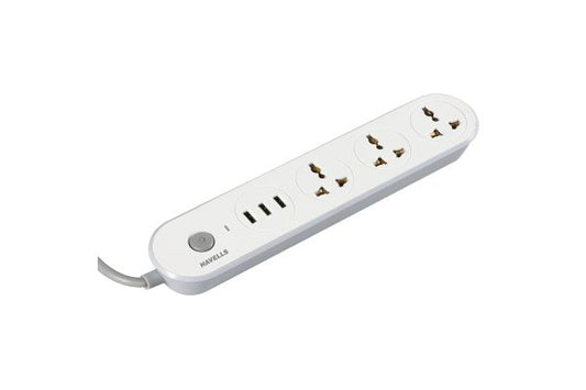 Havells USB Star 4+1 Surge & SpikeGuard 6A AHNKXXG063 | 3 Socket Extension Board with 3 USB Ports
