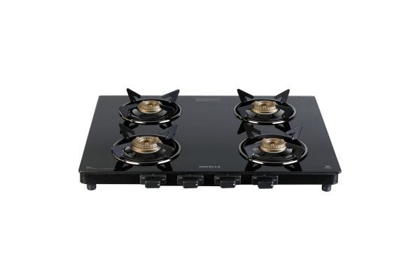 Havells Calore 4 Burner Cooktop GHKGCBZK0 | Toughened Glass Top with Forged Brass Burners